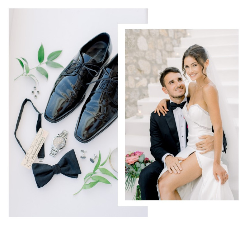 Collage of Mykonos wedding photos, grooms attire elegantly arranged, Bride and groom sitting on steps while looking at each other.