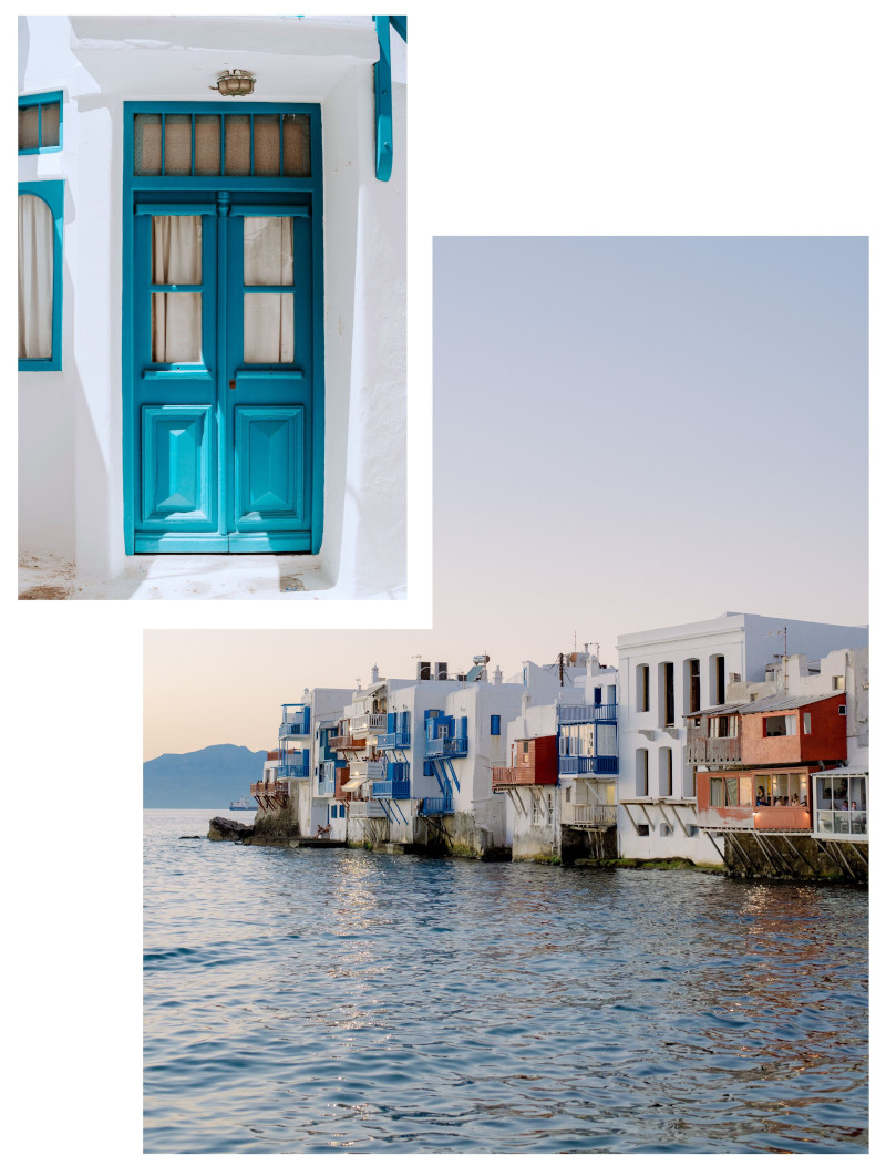 A collage of photos with, Little Venice's blue and white houses in during sunset and traditional blue door in Mykonos Town picturesque little alleys. 