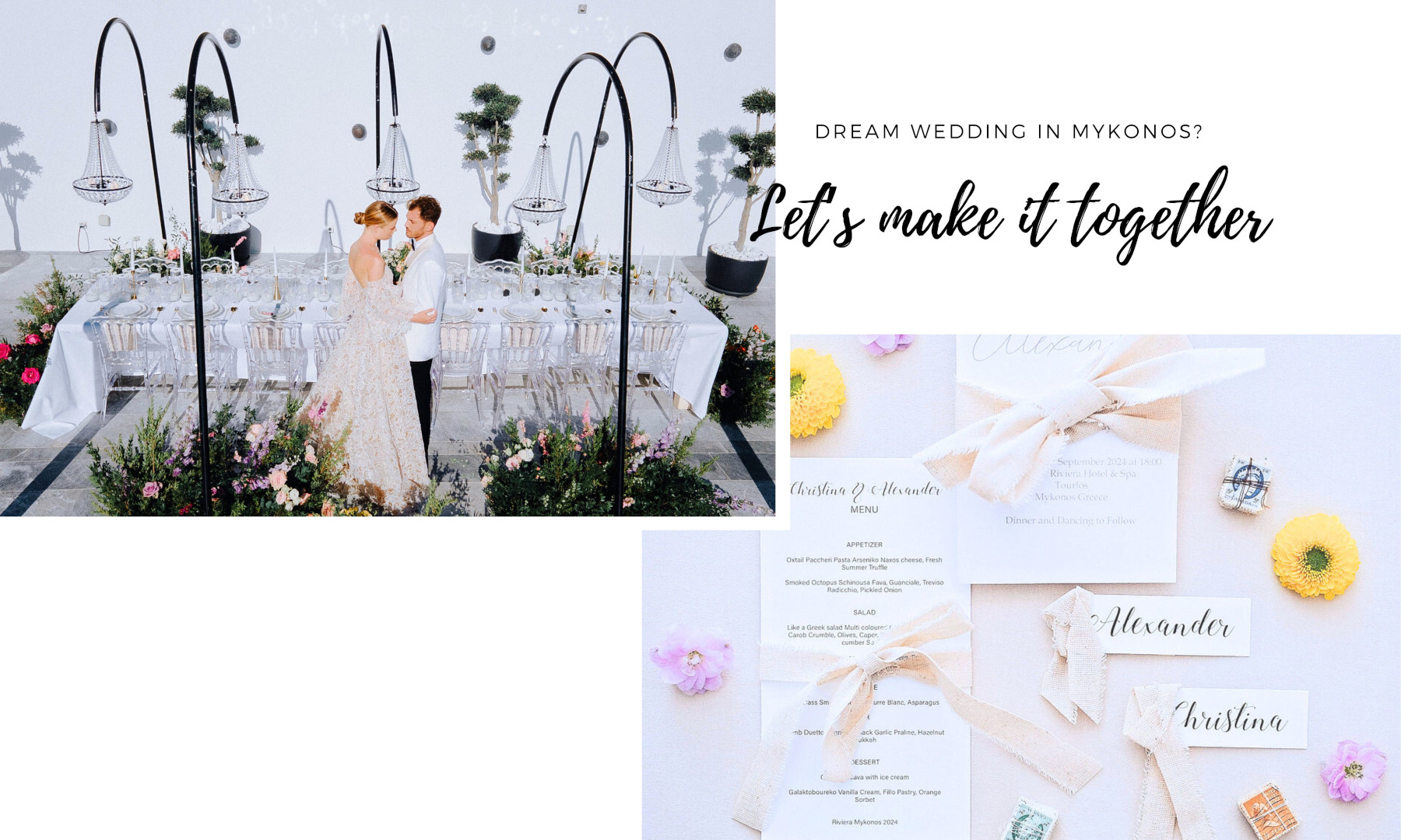 wedding planning steps in Mykonos Luxury : couple at a beautifully styled reception table and flat-lay of elegant wedding stationery.