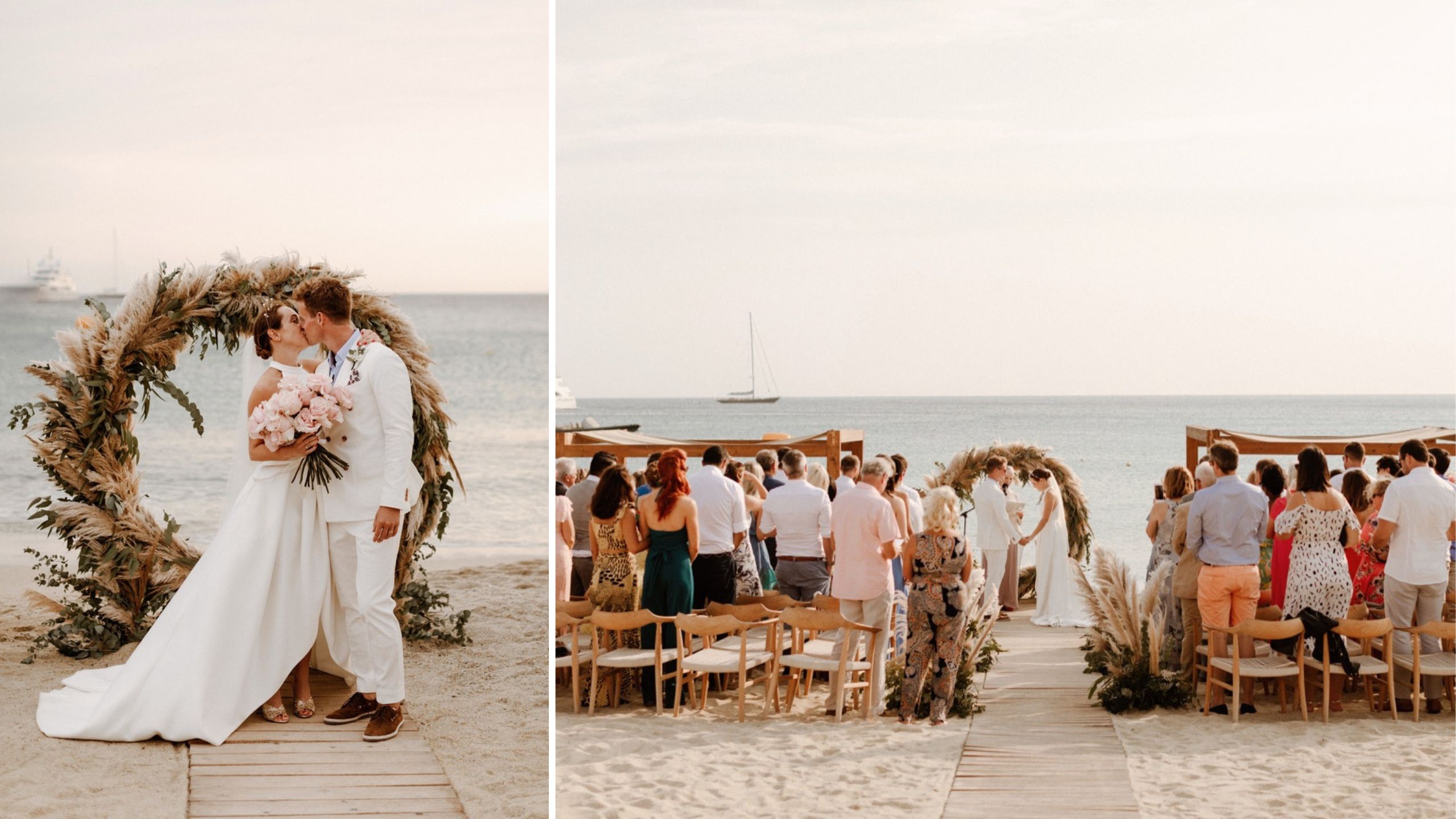 A picturesque beach wedding ceremony in Mykonos, with guests gathered on the sandy shore.