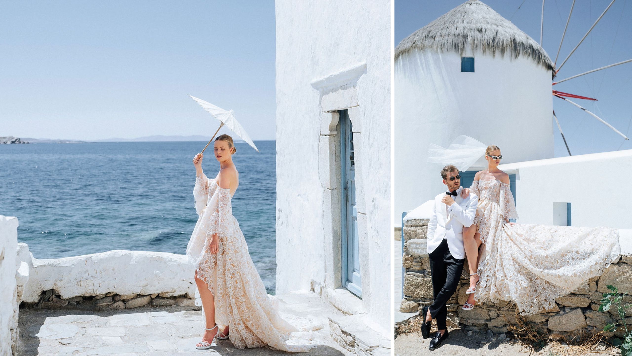 Editorial Mykonos wedding style featuring a fashion-forward couple, flowing couture wedding gown, and iconic Cycladic architecture overlooking the Aegean Sea