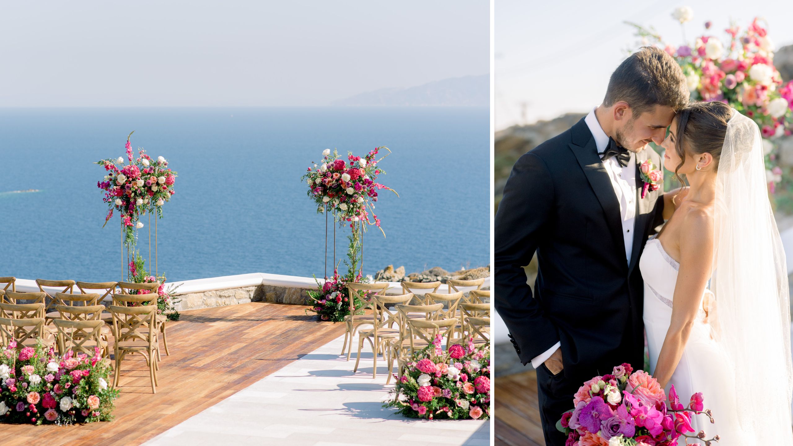 A picturesque Mykonos wedding ceremony held outdoors overlooking the Aegean, featuring chairs and romantic flower set up at a stunning villa.