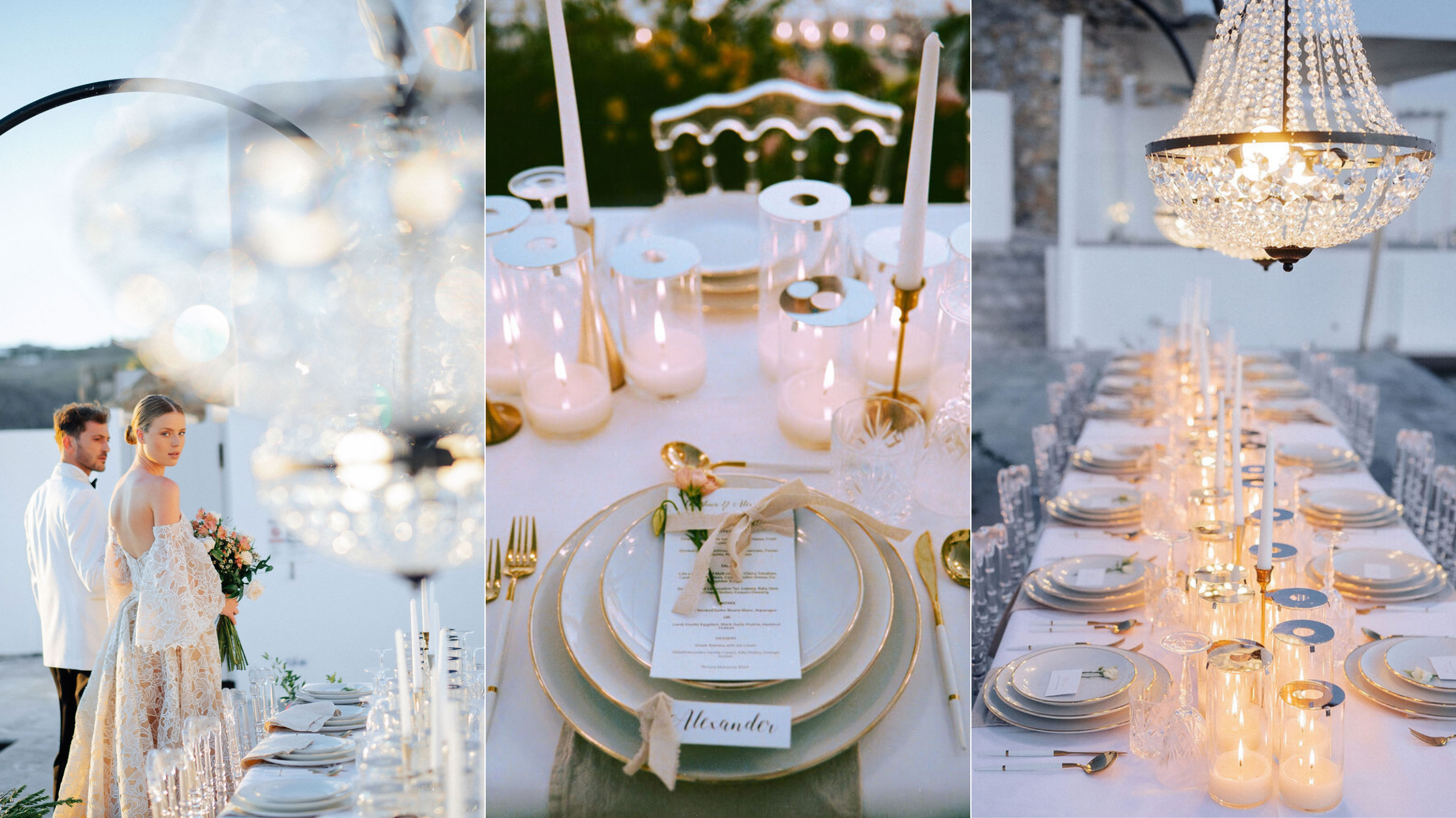 Luxury wedding design and styling with elegant table settings, soft candlelight, and refined décor created for an exclusive destination wedding celebration.