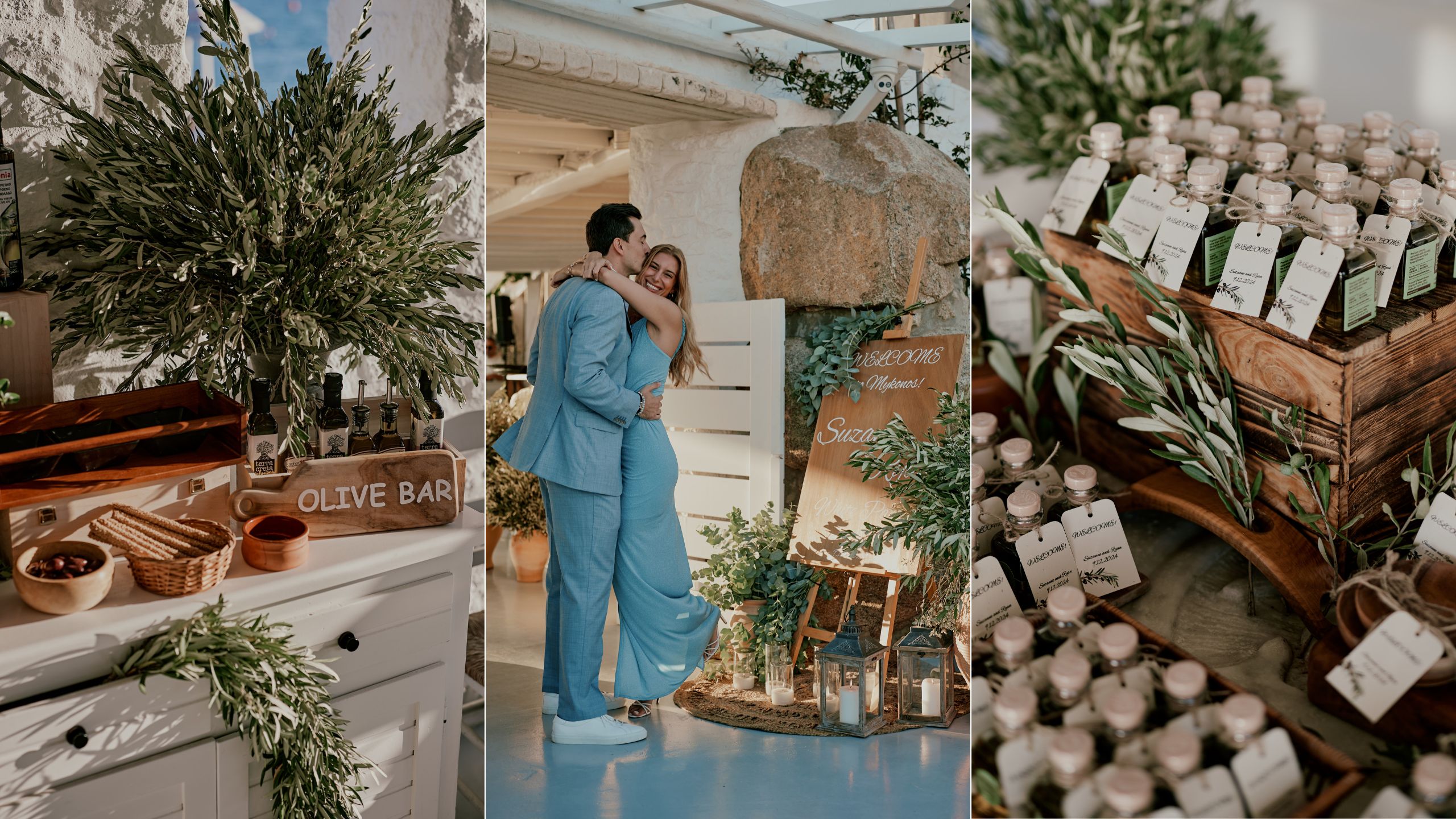 Luxury Greek night welcome party in Mykonos with traditional olive-themed décor, personalized wedding favors, and authentic Greek hospitality for destination wedding celebrations