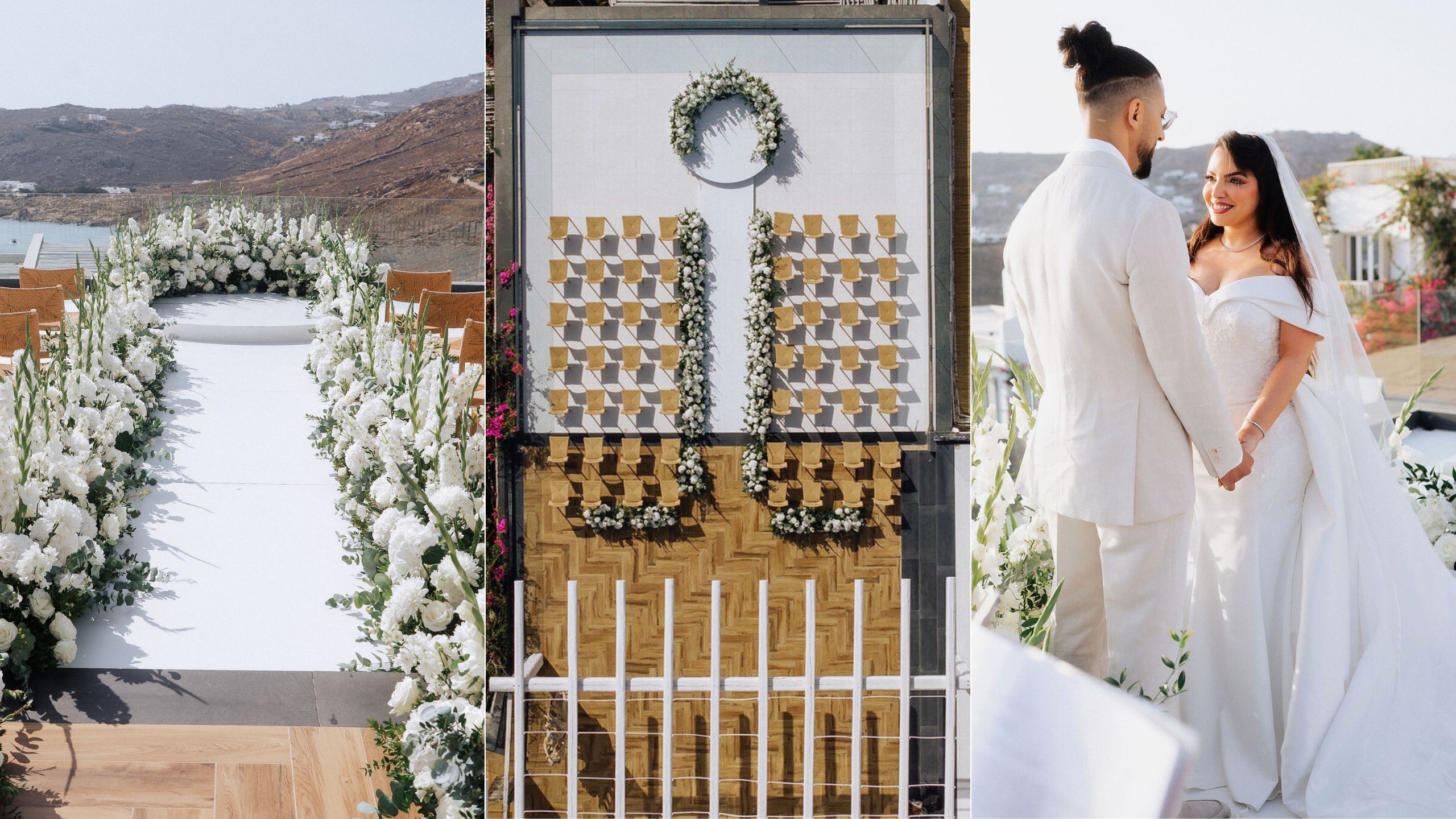 Elegant destination wedding ceremony in Mykonos with lush white floral aisle design, modern ceremony layout, and romantic couple moment overlooking the Aegean Sea