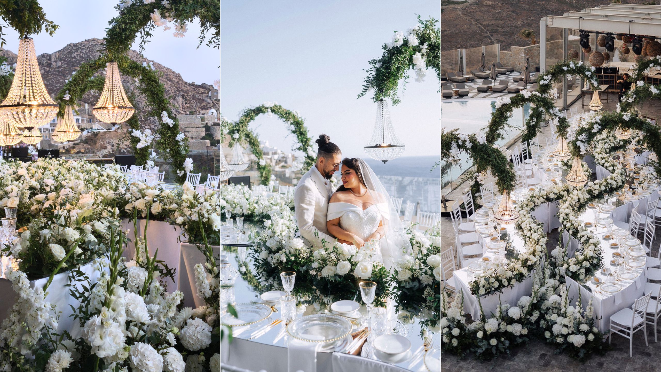 Ultra-luxury wedding reception in Mykonos featuring lavish all-white floral installations, crystal chandeliers, and refined tablescape design at an exclusive Greek island venue